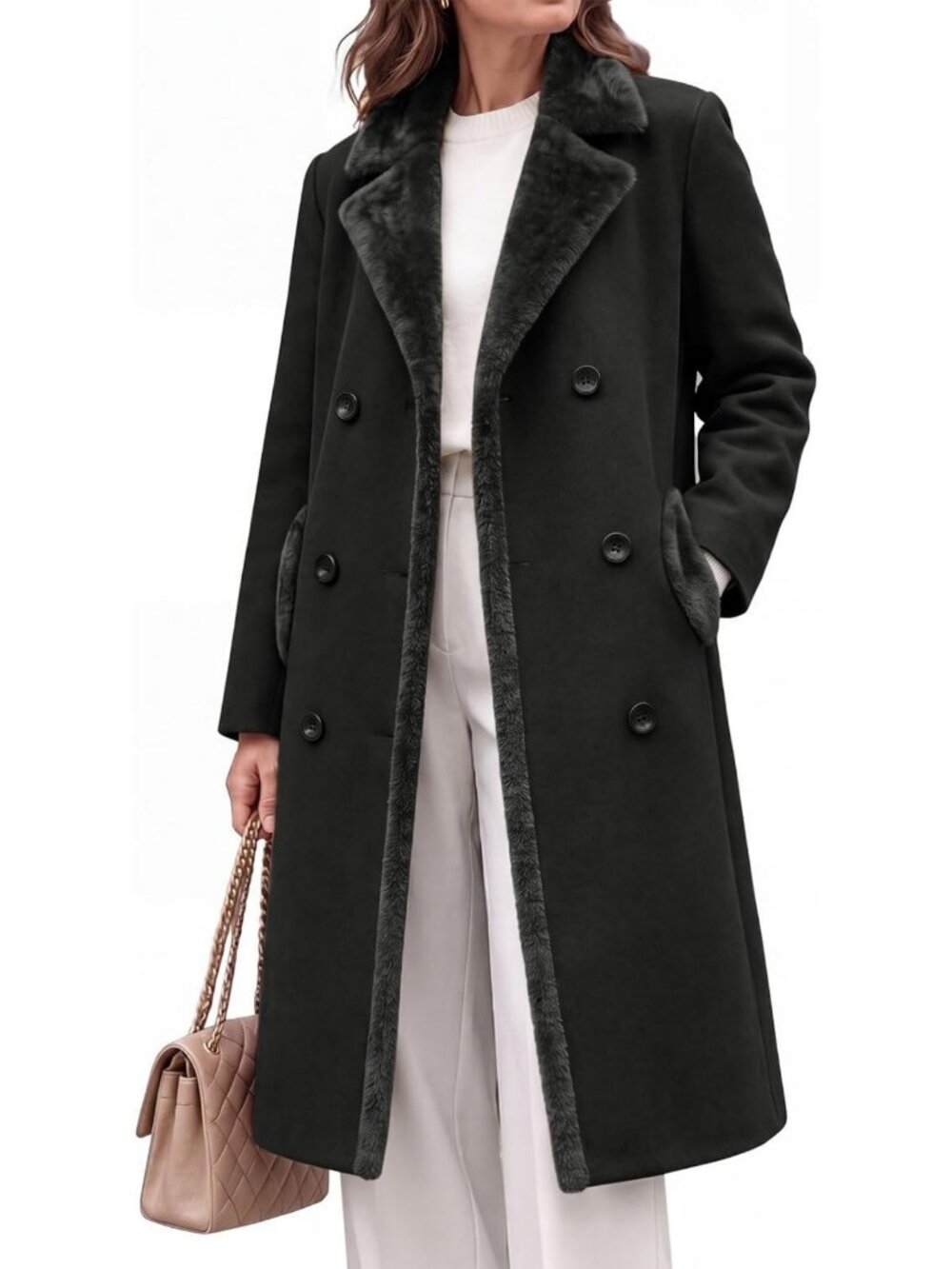 Cozy Women's Winter Double-Breasted Faux Fur Peacoat with Notched Lapel